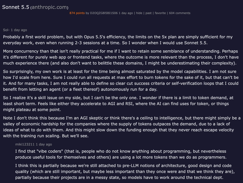 Hacker News thread discussing Sonnet 5.5 -- 874 points, 604 comments