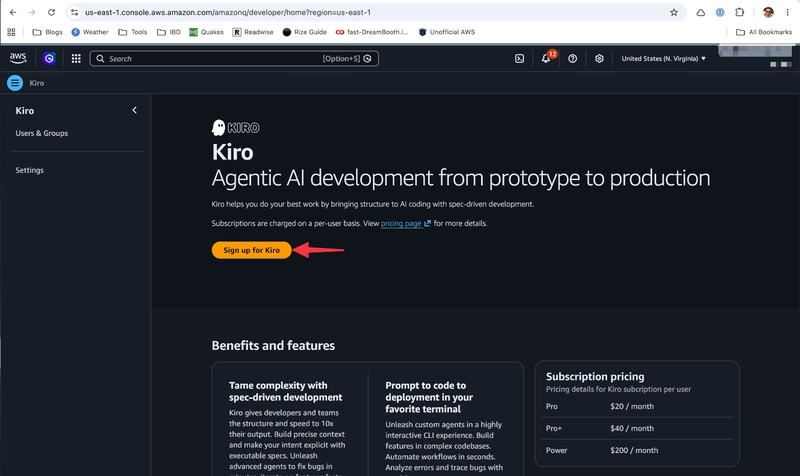 AWS Kiro console landing page (