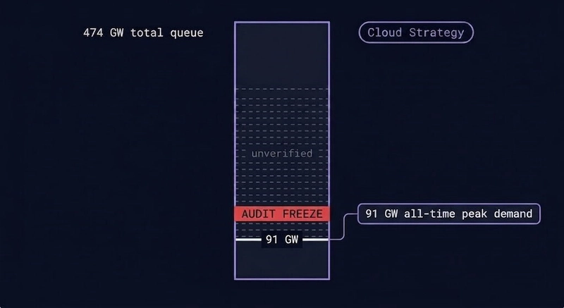 phantom capacity — 474 gigawatts requested against 91 gigawatts of peak demand, ERCOT queue diagram