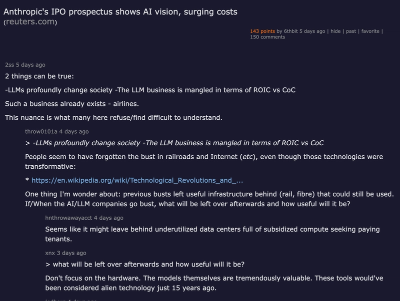 Hacker News discussion of Anthropic IPO prospectus showing community reaction to compute costs and enterprise risk