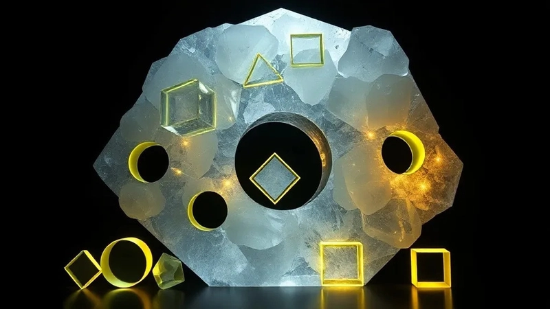 An abstract visual metaphor for data validation: various geometric shapes (circles, triangles, squares) attempting to en