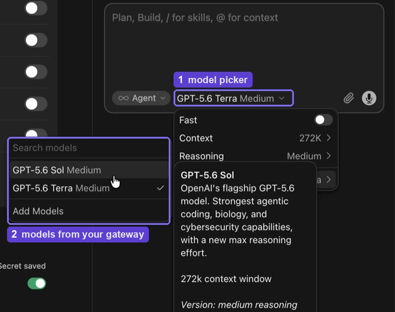 Cursor's chat model picker with a gateway-served model selected