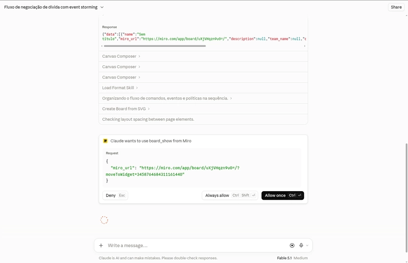 Chat pedindo autorização para usar a tool board_show do Miro, com os botões Deny, Always allow e Allow once
