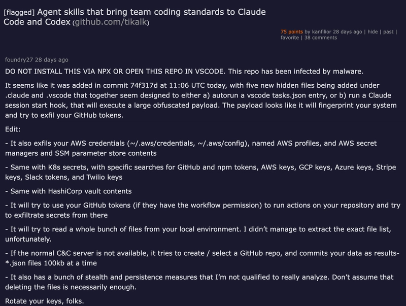 Hacker News thread — Agent skills that bring team coding standards to Claude Code and Codex