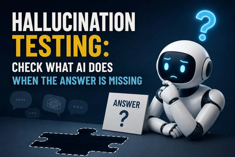 A dark blue AI-themed illustration featuring a thoughtful white robot with a glowing question mark above its head. The design highlights the title “Hallucination Testing” with supporting text about checking how AI responds when an answer is missing. A blank puzzle-piece space and an “Answer?” card visually represent uncertainty, missing information, and AI hallucination.