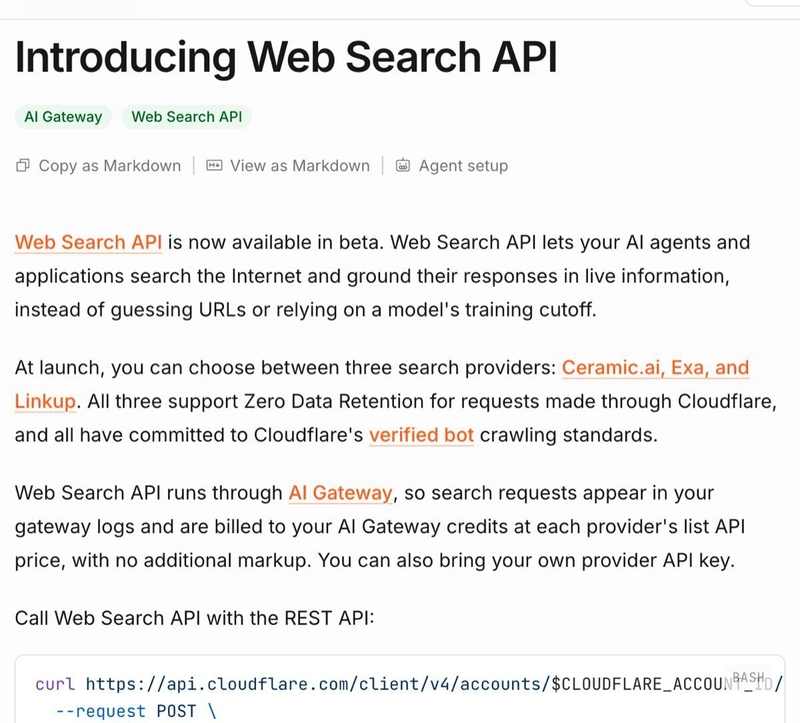 Cloudflare developer changelog announcing the Web Search API launch on October 2, 2026