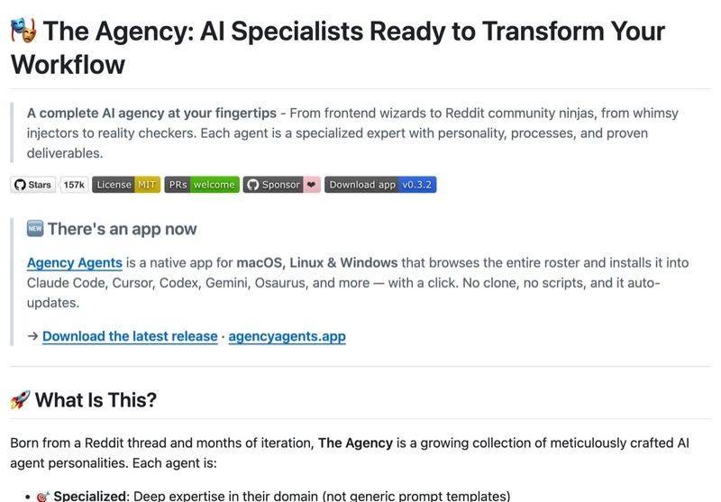 agency-agents GitHub repo page — 157K stars, curated AI agent persona templates for Claude Code, Cursor, and every major harness