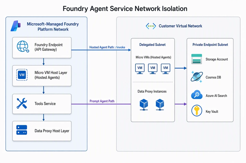 Foundry Agent Service network architecture diagram showing the platform network and customer VNet