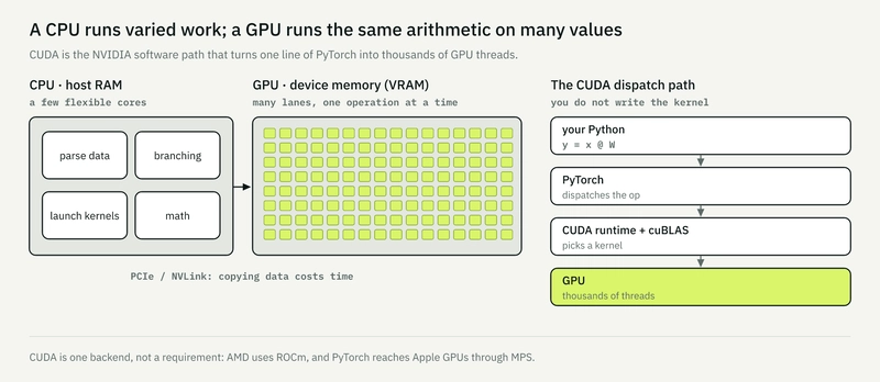 A CPU runs varied work on a few flexible cores; a GPU runs the same arithmetic on many values. One line of PyTorch reaches the GPU through the CUDA runtime and libraries such as cuBLAS.