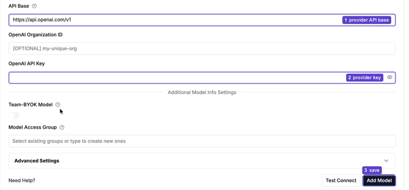The credentials fields further down the LiteLLM Add Model form