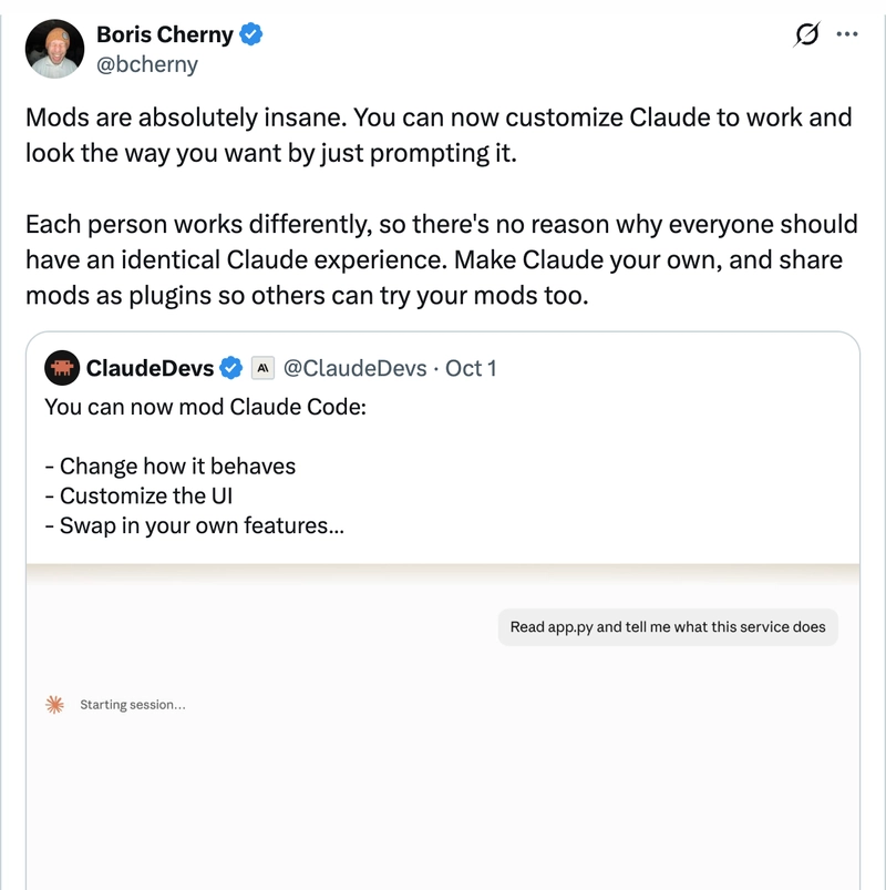 Boris Cherny (@bcherny) announcing Claude Code Mods launch — 833K views, 5.2K likes