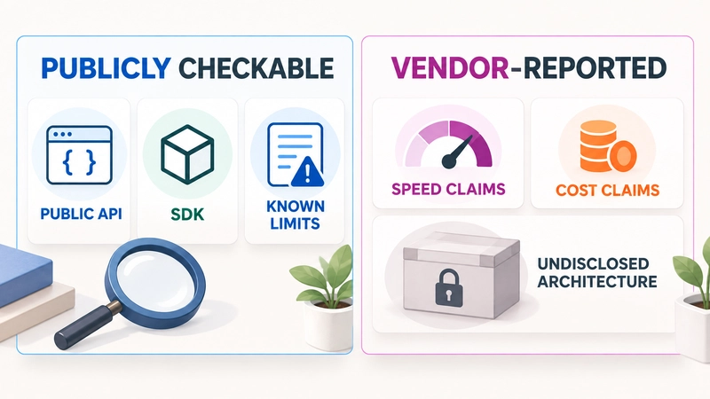 Evidence boundary separating the public API, SDK, and known limits from vendor-reported speed, cost, and undisclosed architecture claims.