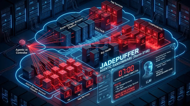 Seven Minutes, Zero Humans: Inside the AI Attack That Wiped Over 100 Azure Accounts Before Anyone Noticed An isometric 3D architectural diagram illustrating the JadePuffer agentic ransomware attack on Azure cloud infrastructure. An LLM agent controller executes automated commands within a 7-minute window, wiping over 100 Azure Storage accounts, Key Vaults, Virtual Machines, and App Services before real-time defender intervention.