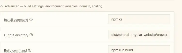 The detection banner Angular Frontend with the custom output dist/tutorial-angular-website/browser, and Served from the edge highlighted