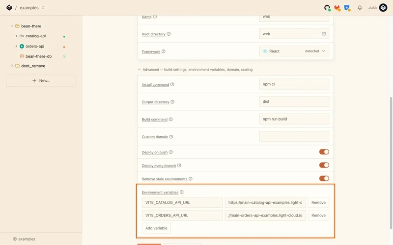 The web app's Environment variables with VITE_CATALOG_API_URL and VITE_ORDERS_API_URL