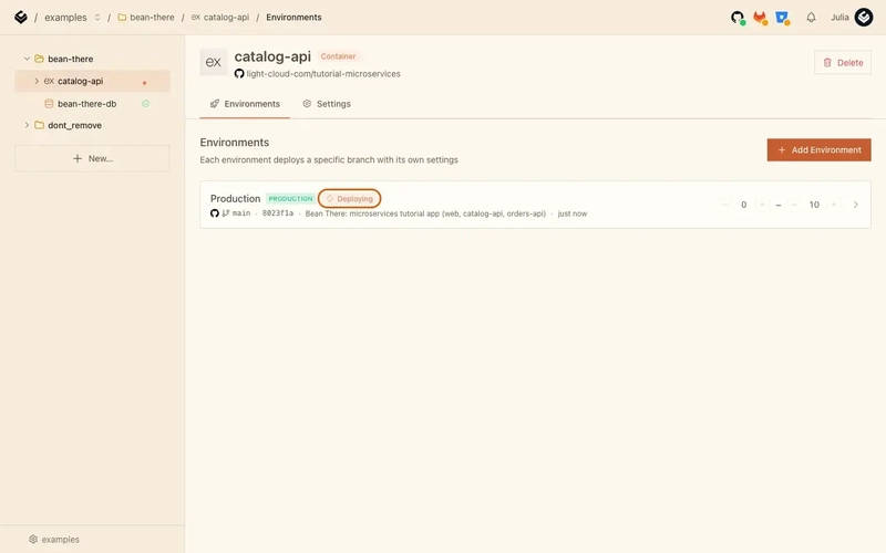 The catalog-api environments page with Production showing Deploying