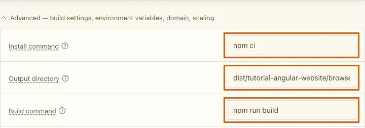 The Advanced section with Install command npm ci, Output directory dist/tutorial-angular-website/browser and Build command npm run build highlighted