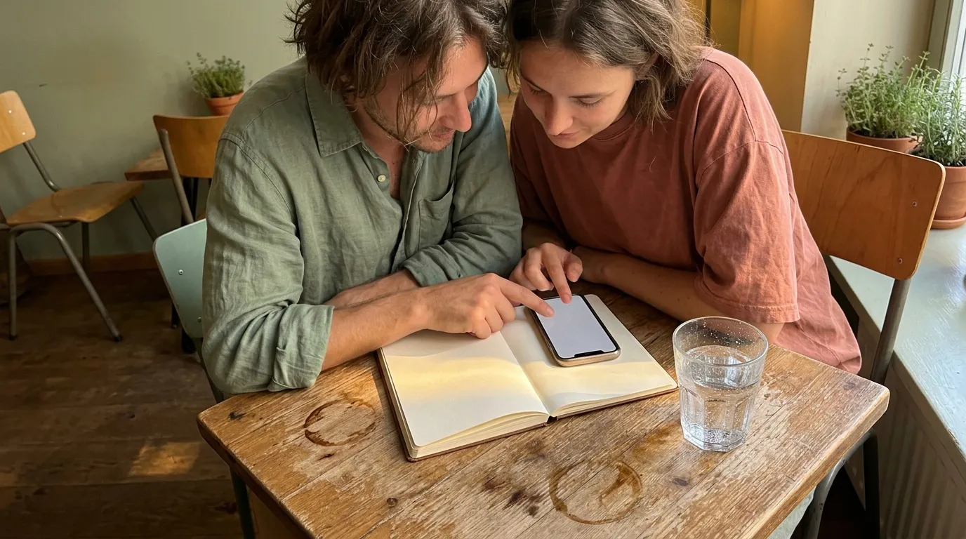 Application budget partagé : guide pour voyager en couple Homme et femme regardent un smartphone près d'un cahier ouvert