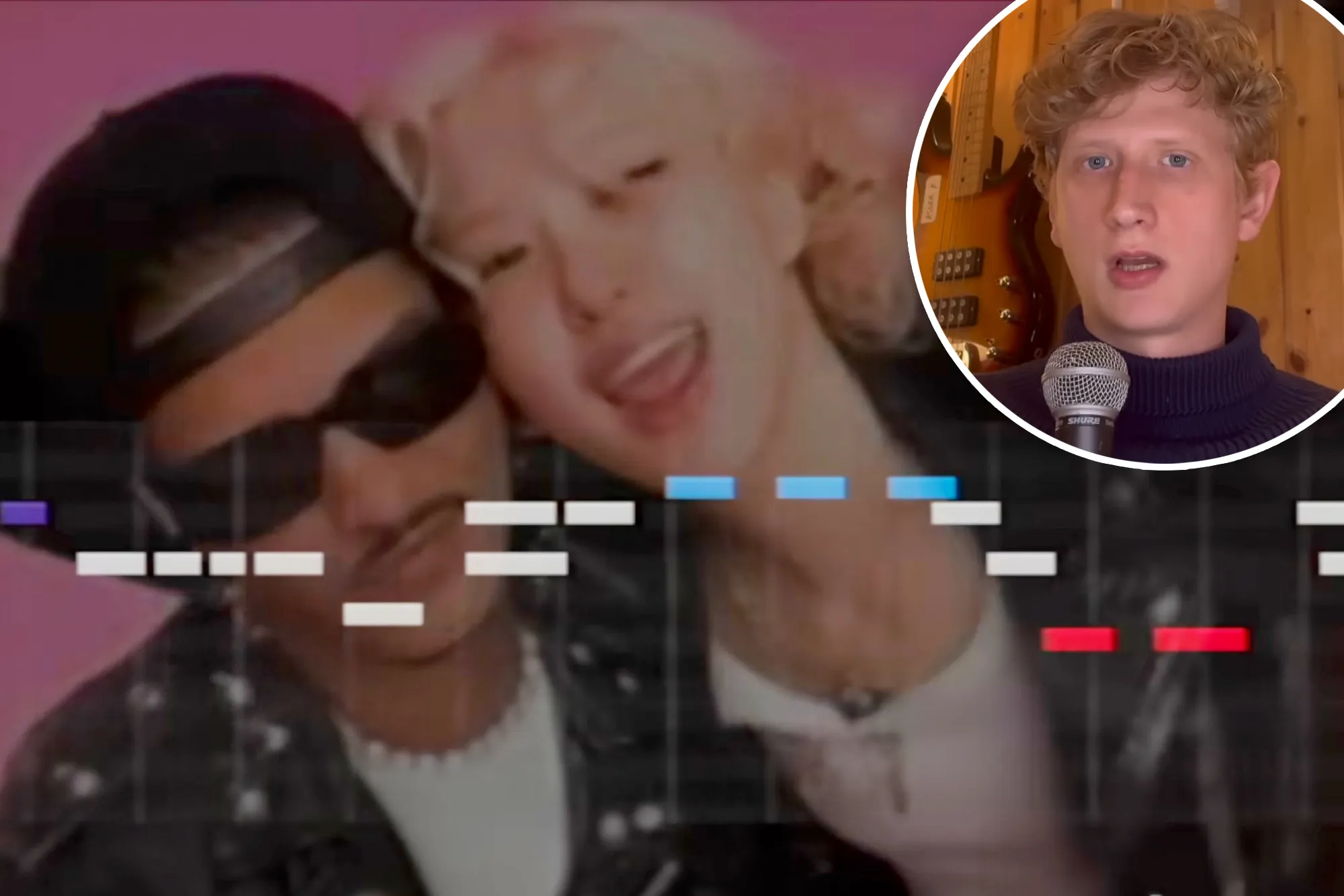Collage of two people performing music, one in a video game interface and one singing into a microphone.