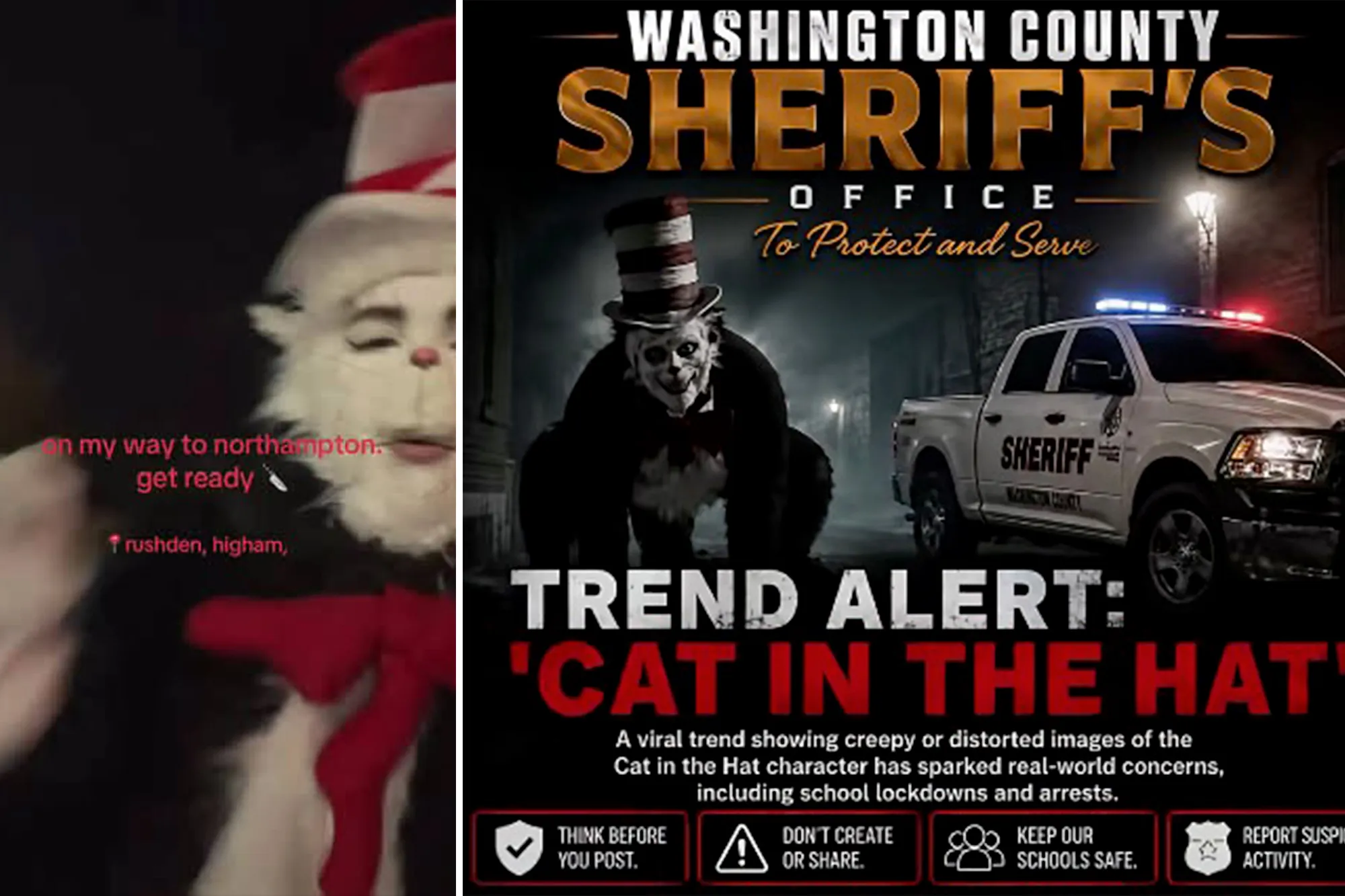 Law enforcement agencies are warning of a sinister TikTok trend in which an AI version of Dr. Seuss' Cat In The Hat makes threatening statements directed at schools and communities.