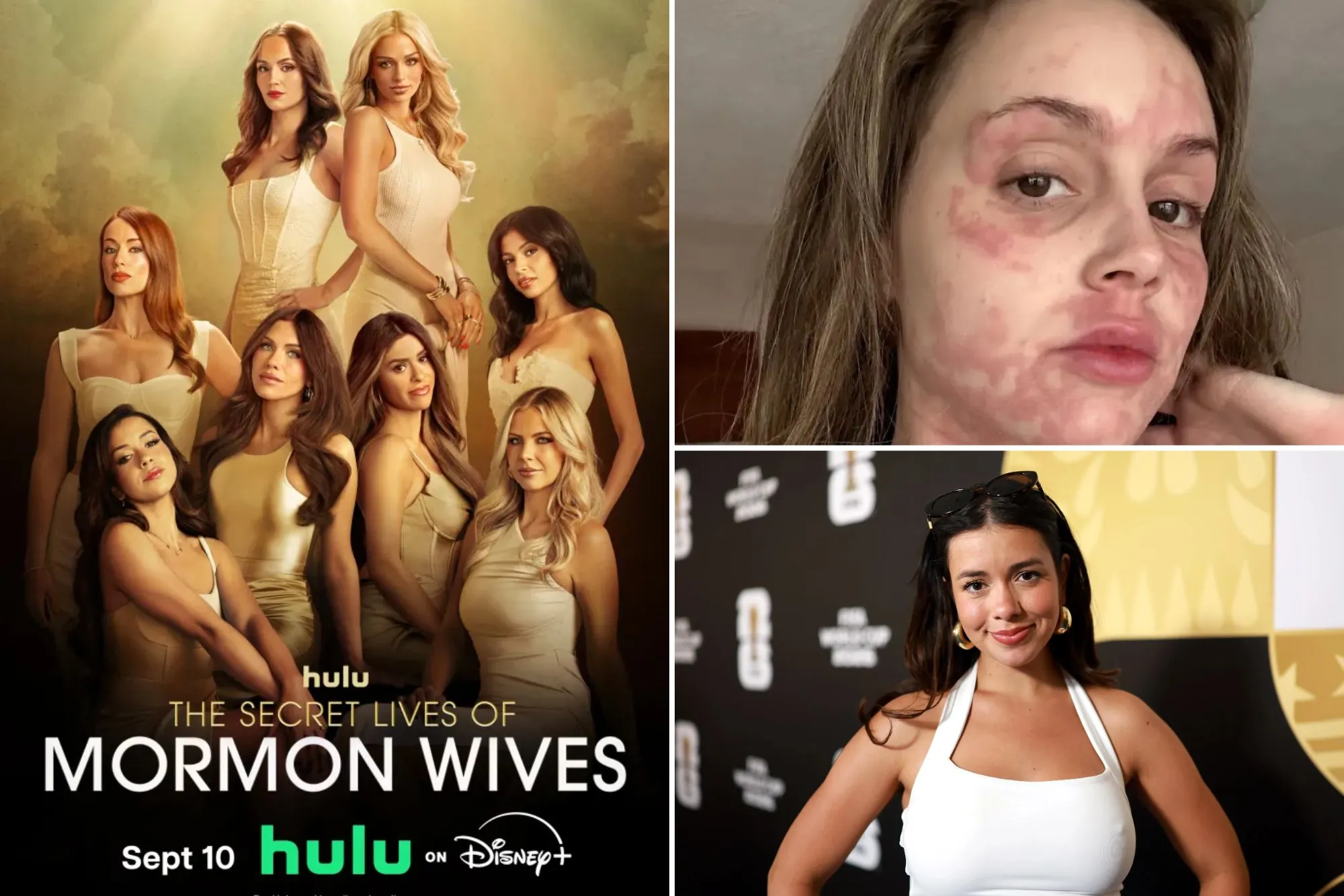 An image collage containing 3 images, Image 1 shows Key art for "The Secret Lives of Mormon Wives" featuring eight women in various light-colored dresses against a golden, hazy background, Image 2 shows A woman with red, inflamed skin on her face and neck looks directly at the camera, Image 3 shows Jennifer Affleck in a white top, golden hoop earrings, and sunglasses perched on her head, smiling in front of a dark backdrop with event branding