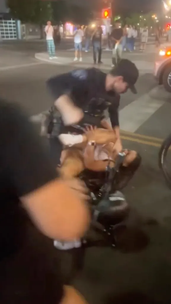 Eryn Kelise Bonner being shoved to the ground and pummeled by a police officer in the street.