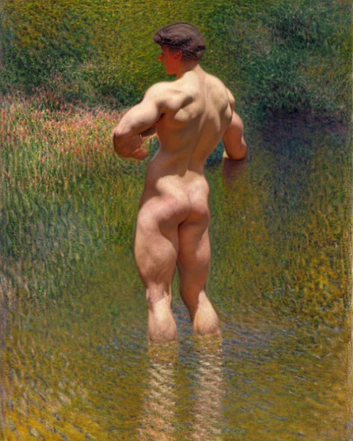 A stylistic, safe-for-work example of Stable Diffusion’s capacity to generate nude imagery. The text prompts to generate this image included “muscular soldier wading through water,” “tom of finland,” and “claude monet.”