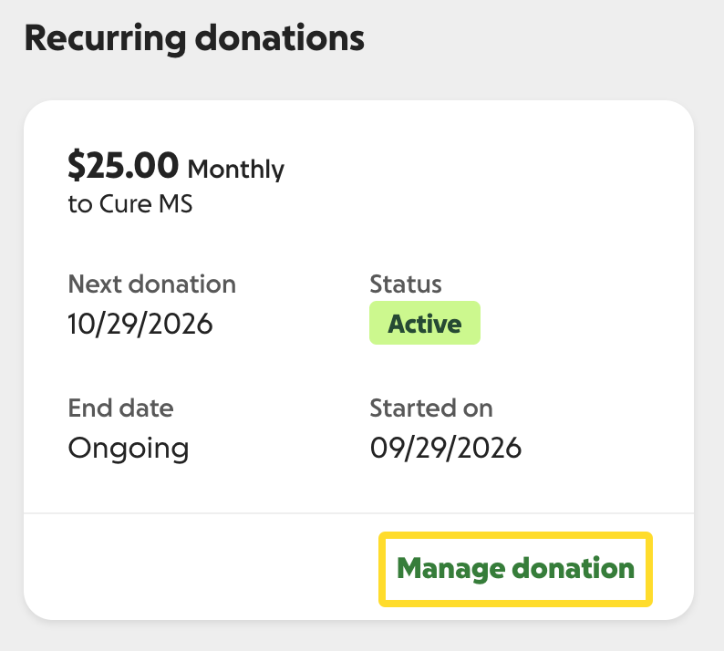 screenshot of the manage donation button on a recurring donation