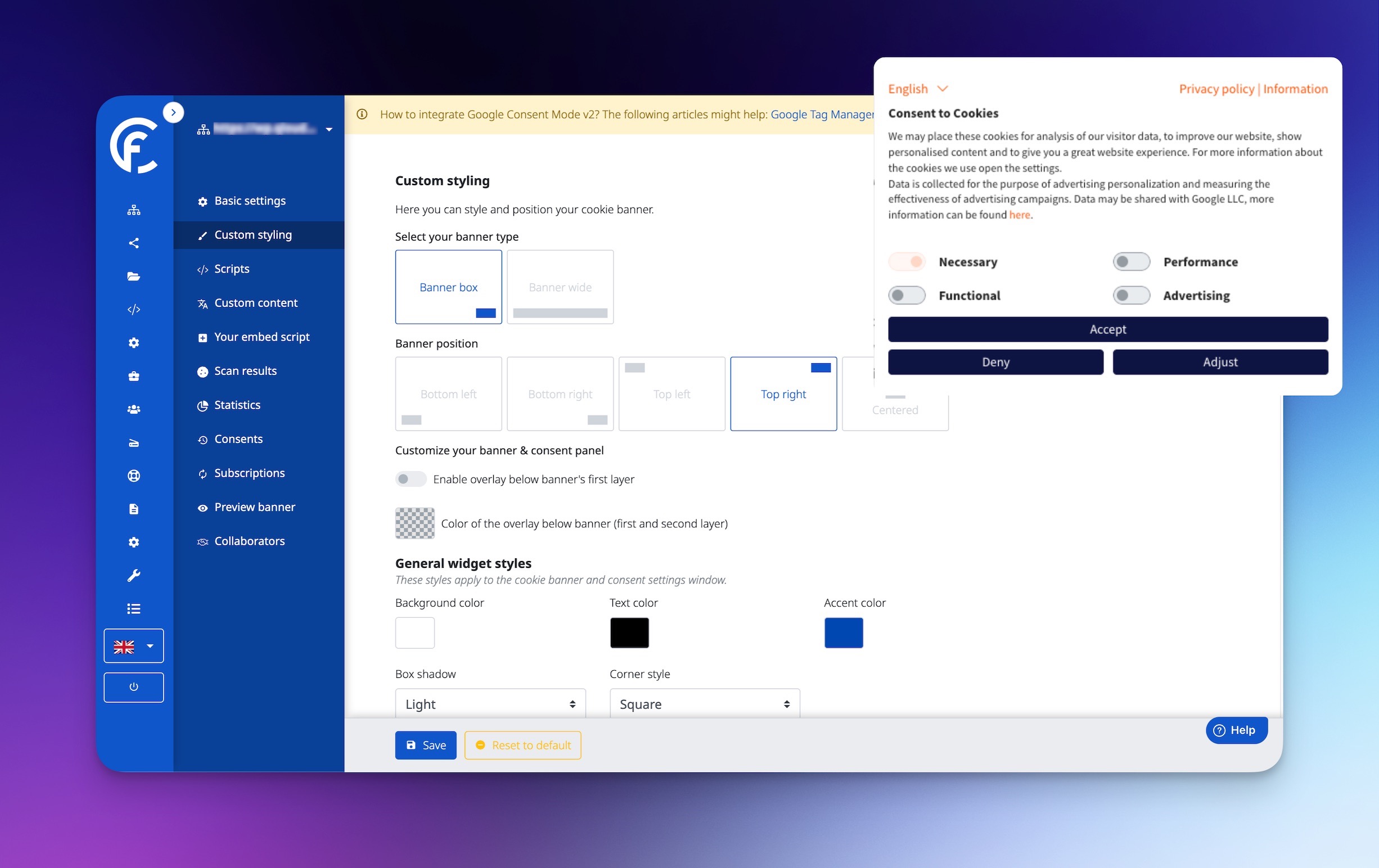 Customize the styling of the cookie banner to match your brand.