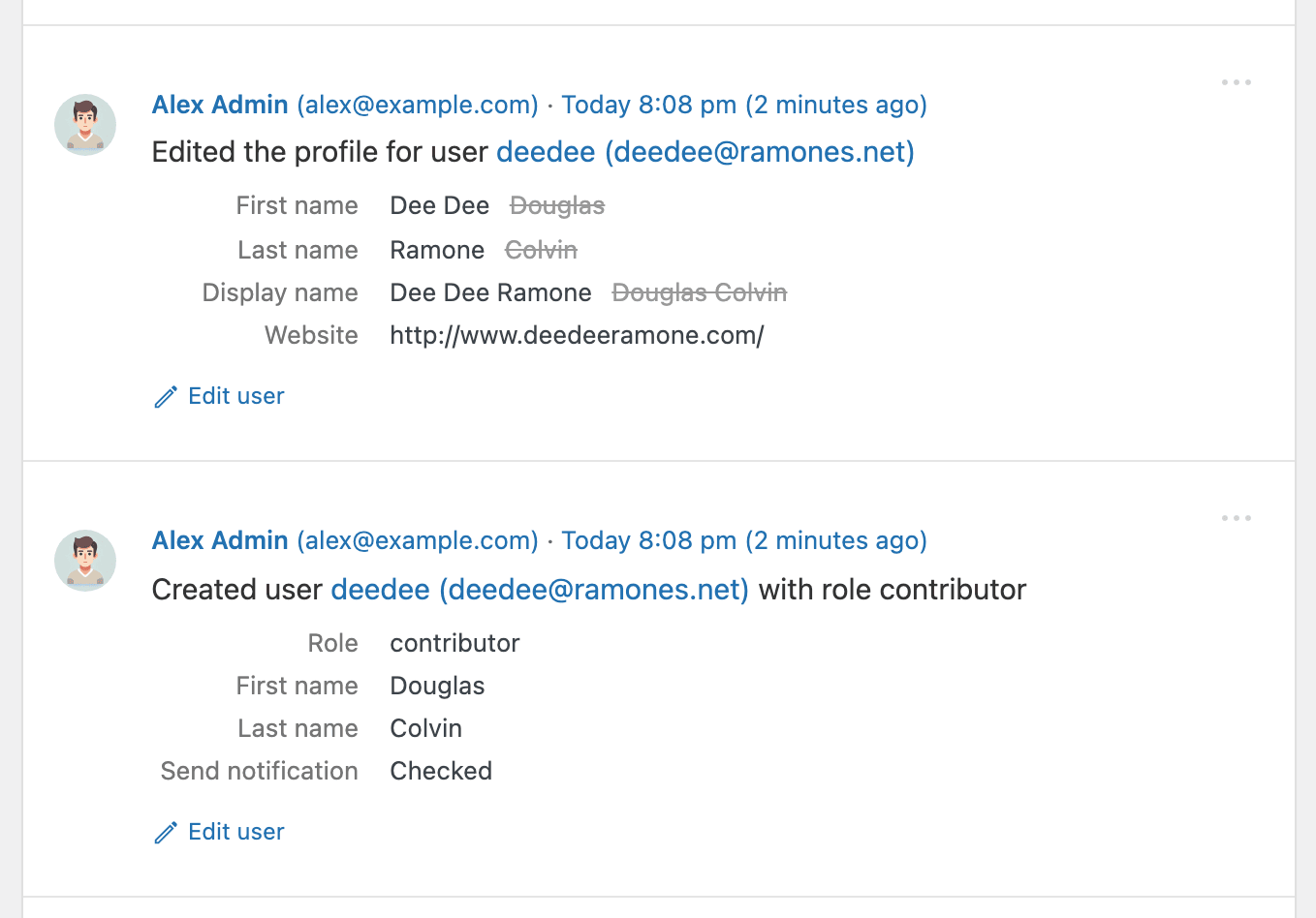 User events capture every change to a profile: first and last name, display name, website, role, and more — with the previous value preserved next to the new one.