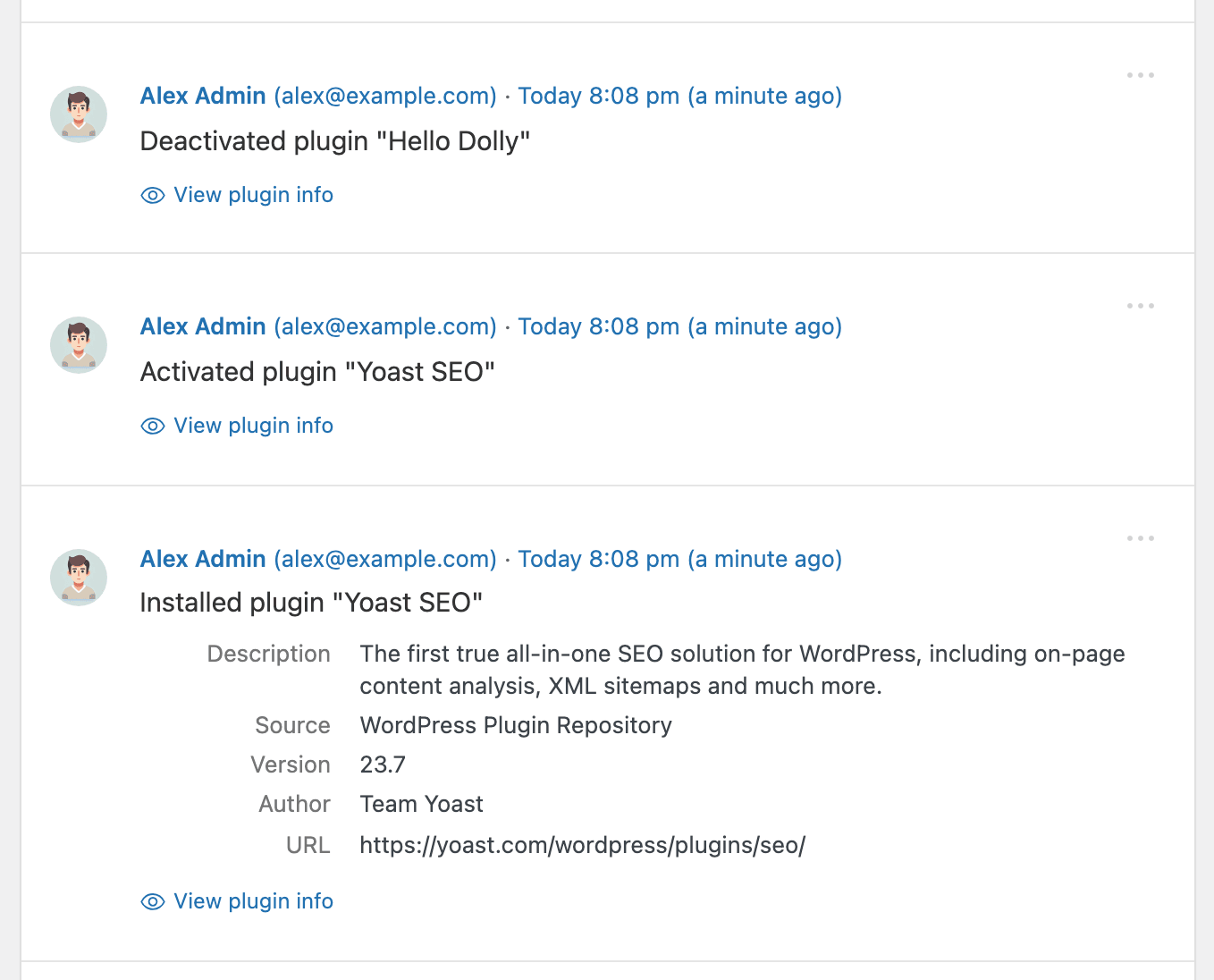 Every plugin install, activation, and deactivation is logged with author, version, source, and a link to the plugin — so you always know what's running on your site.