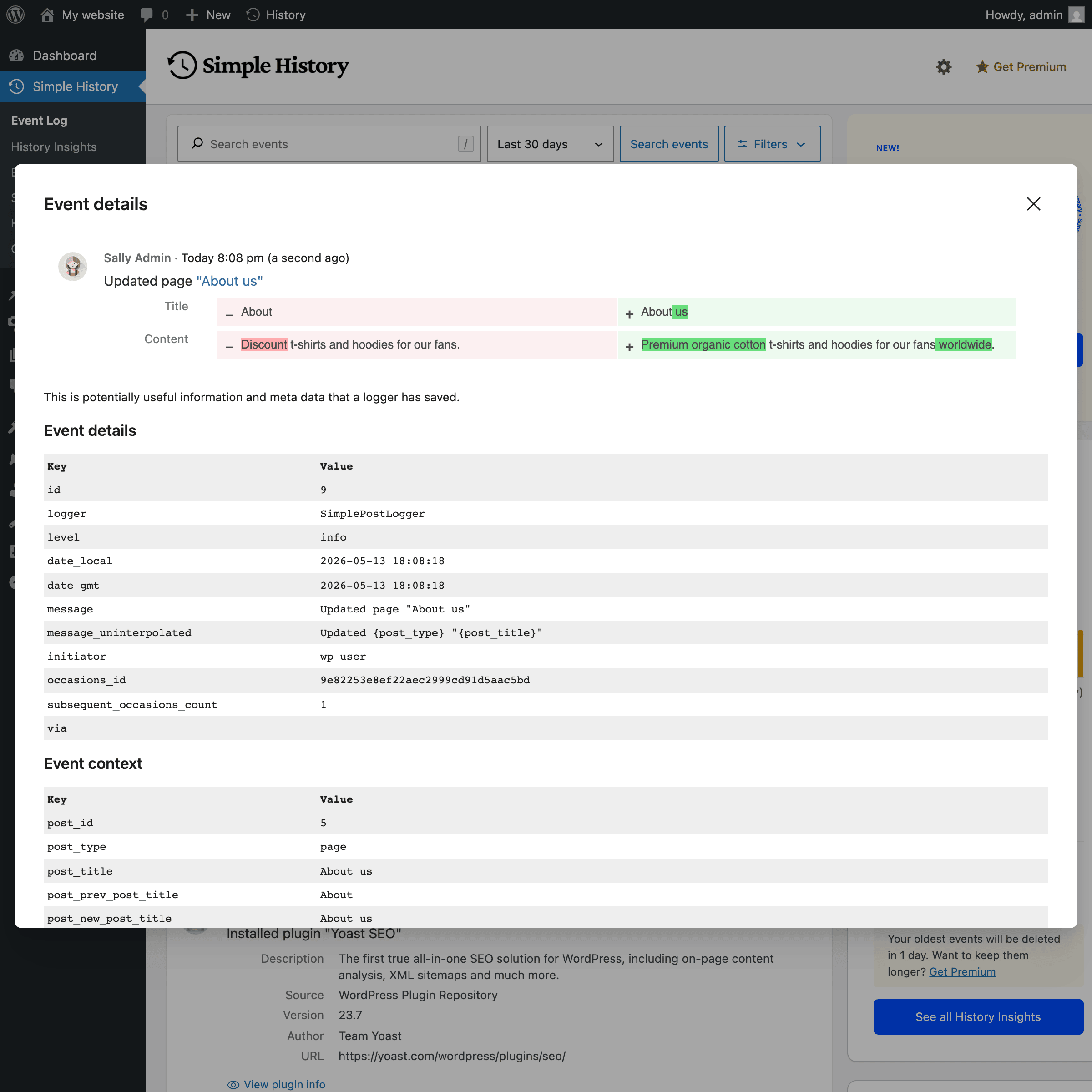 Open any event to see the full details Simple History stores behind it: post IDs, user IDs, before/after values, and every other field — the complete audit trail for each entry.
