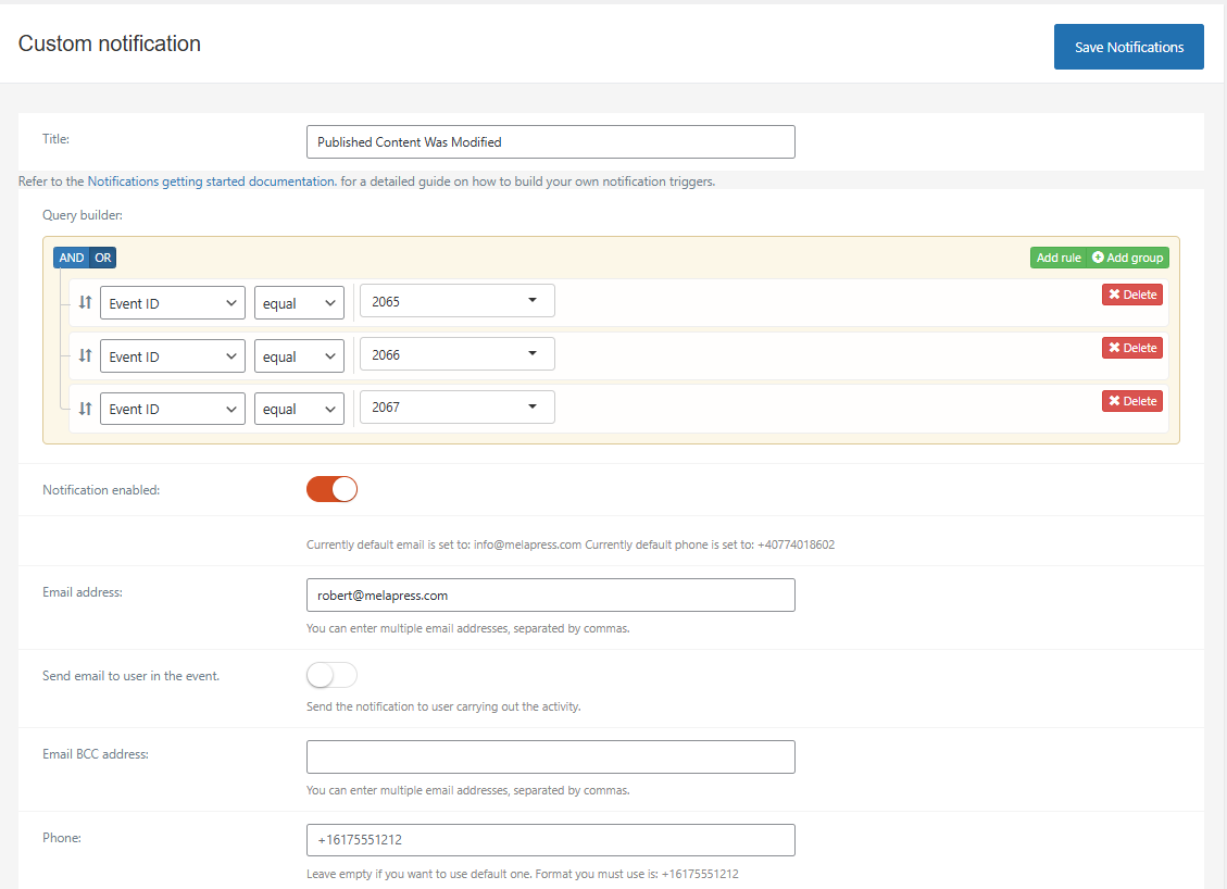 Configuring WordPress email and instant SMS or Slack alerts with the Email, SMS & Slack Notifications module in the Premium edition.