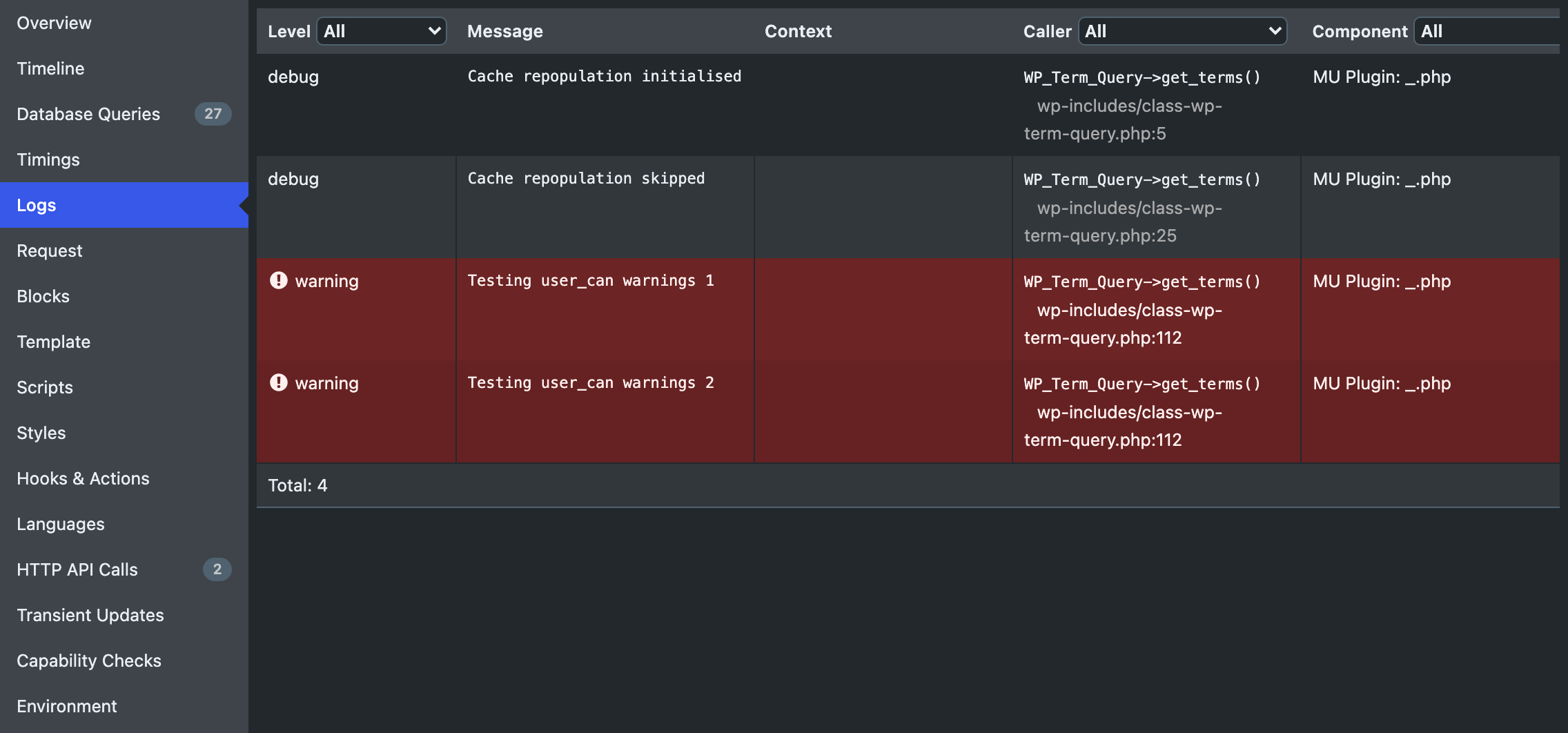 Query Monitor's Logging Panel