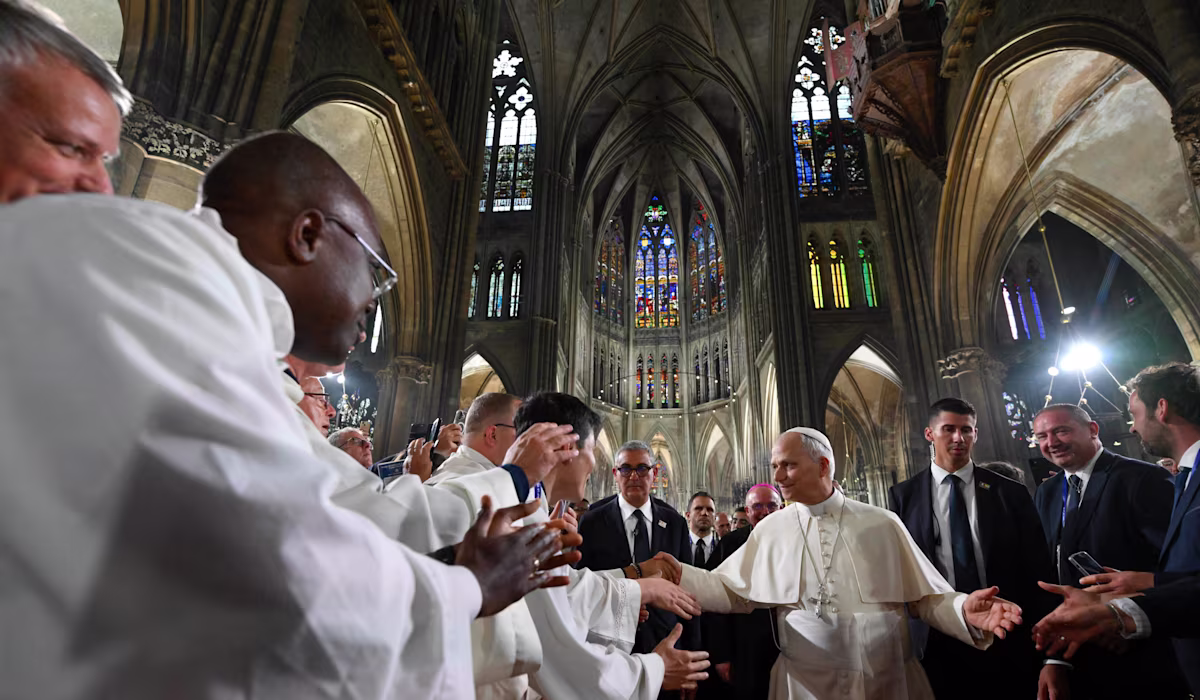 Pope Leo XIV greets the congregation ahead of Mass on Sept. 28, 2026, at the Cathedral of St. Stephen in Metz, France. | Credit: Vatican Media