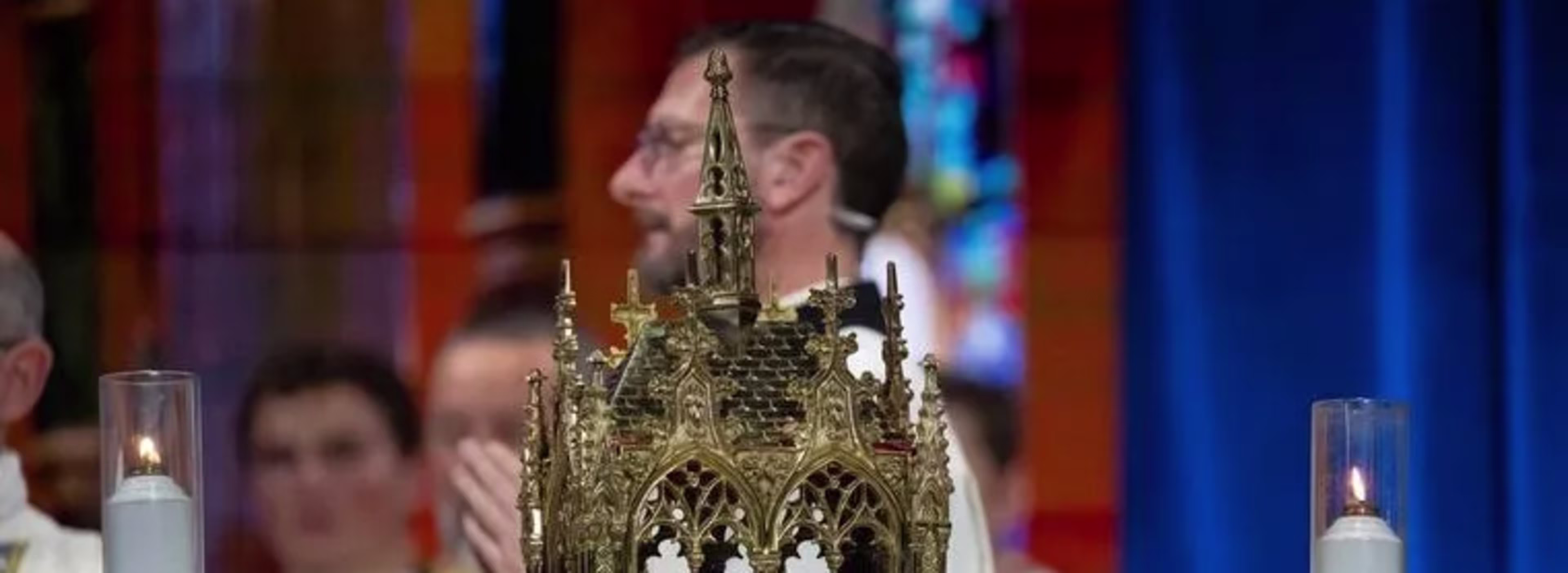 The jawbone of Blessed Fulton Sheen is seen in a reliquary during the beatification Mass at The Dome at America’s Center in St. Louis on Sept. 24, 2026. | Credit: Jeff Bruno for EWTN/National Catholic Register