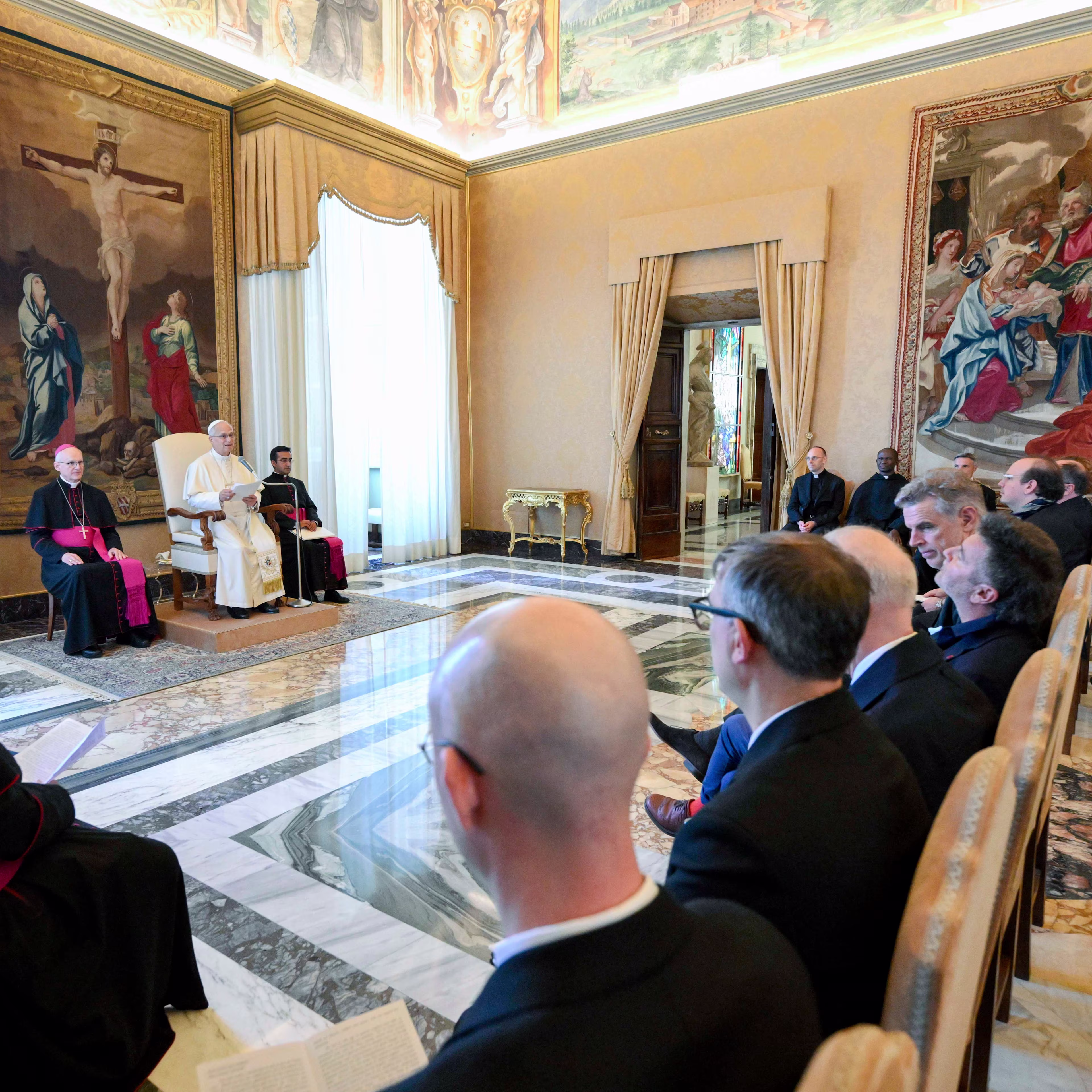 Pope Leo XIV speaks to artists and curators as part of a meeting organized by the Dicastery for Culture and Education in the Apostolic Palace at the Vatican on Oct. 2, 2026. | Credit: Vatican Media