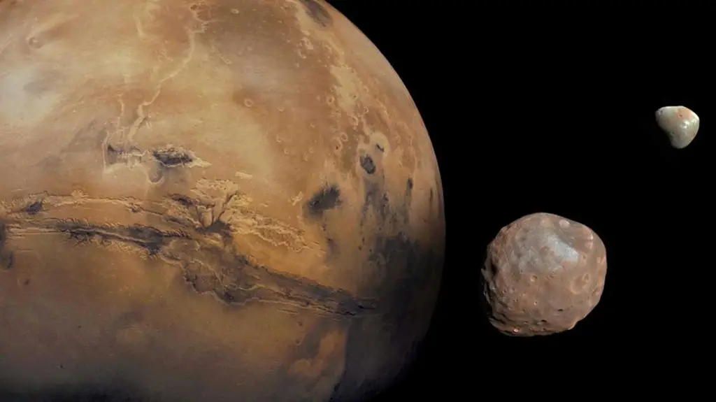 Mars with its two bumpy moons at right.