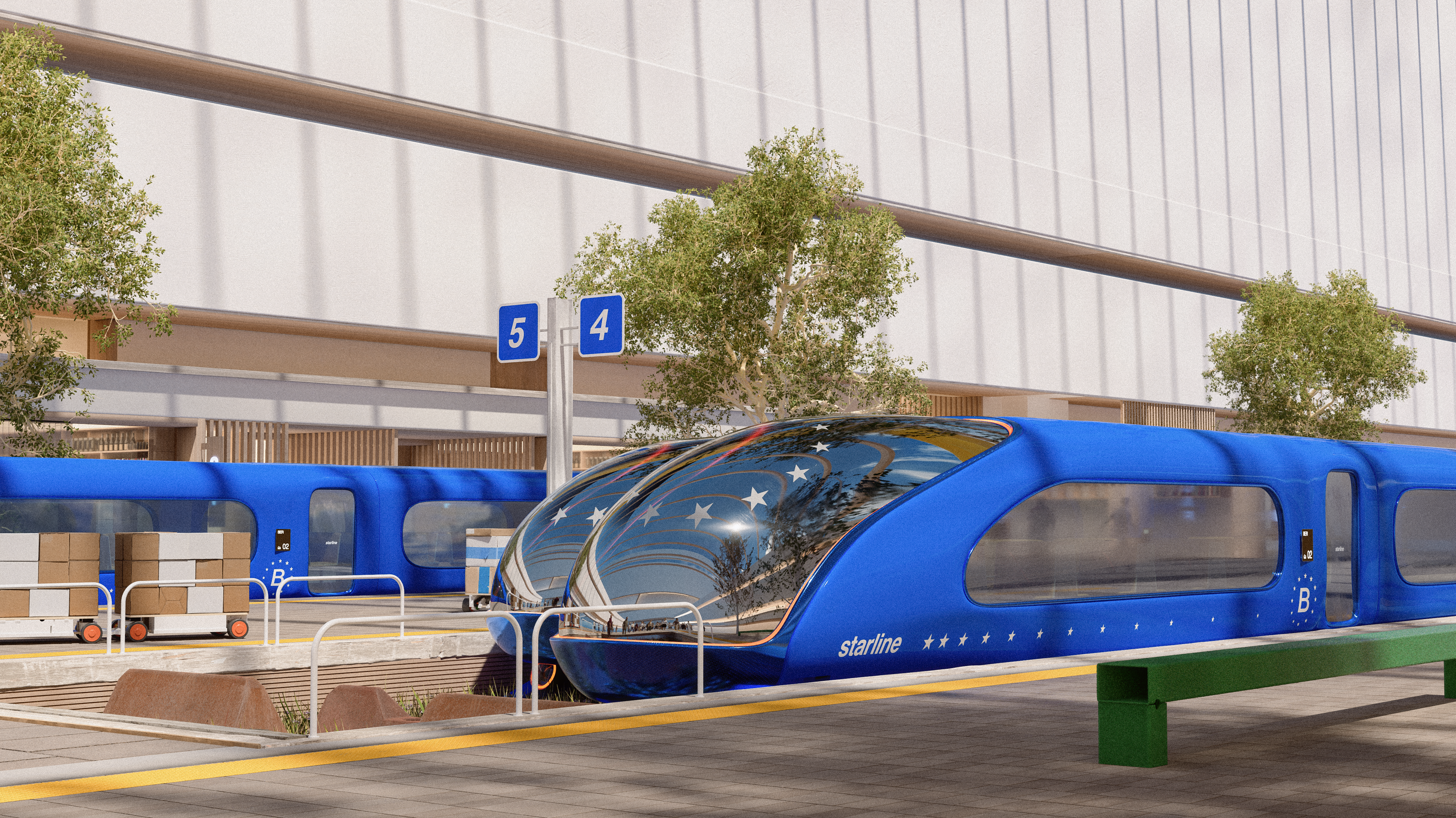 <p>Starline’s blue trains are designed after the EU flag, with stars along the sides of carriages</p>