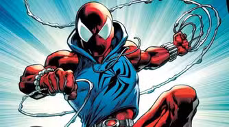 Ben Reilly's Scarlet Spider wearing his iconic blue hoodie costume in the Marvel Comics
