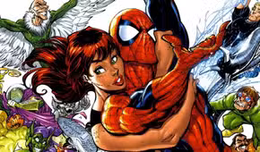Spider-Man and Mary Jane swing away from various villains in The Amazing Spider-Man #500