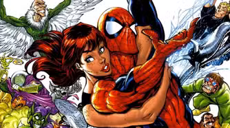 Spider-Man and Mary Jane swing away from various villains in The Amazing Spider-Man #500