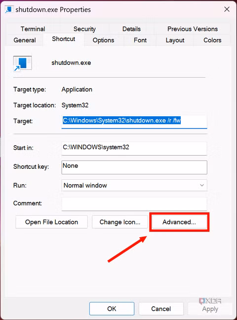 Screenshot of the properties window for a shutdown command with the Advanced button highlighted