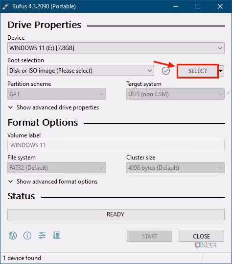 Screenshot of Rufus with the select button highlighted choose an ISO file from which to create installation media