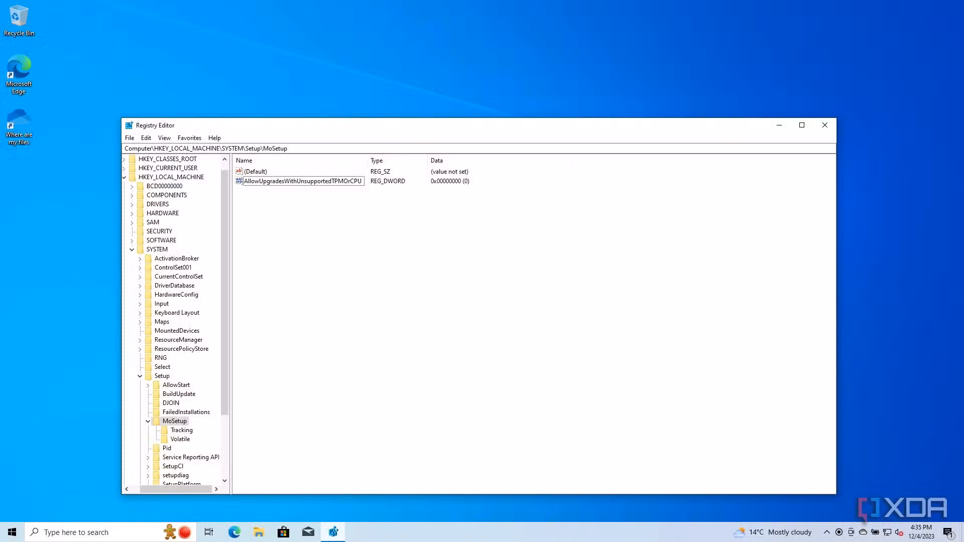Screenshot of registry editor showing a value to allow Windows 11 upgrades on unsupported CPUs and TPMs