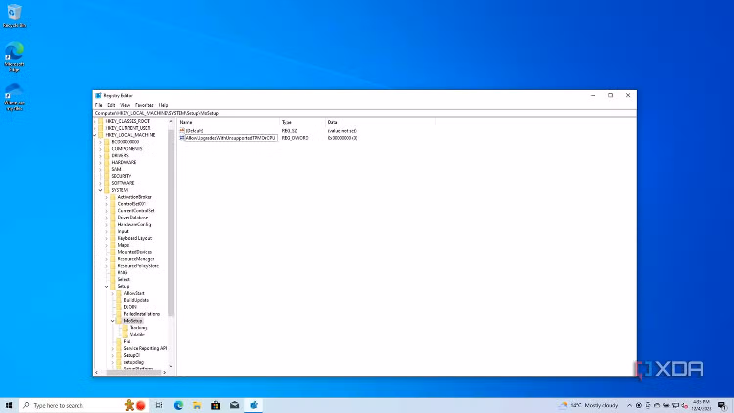 Screenshot of registry editor showing a value to allow Windows 11 upgrades on unsupported CPUs and TPMs