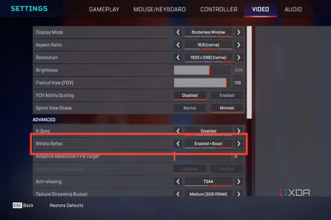 A screenshot from Apex Legends showing the Reflex option enabled.