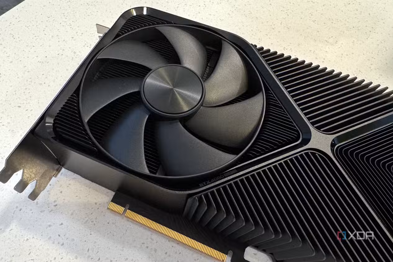 nvidia geforce rtx 4080 super fe closeup to show the large fan near the io shield
