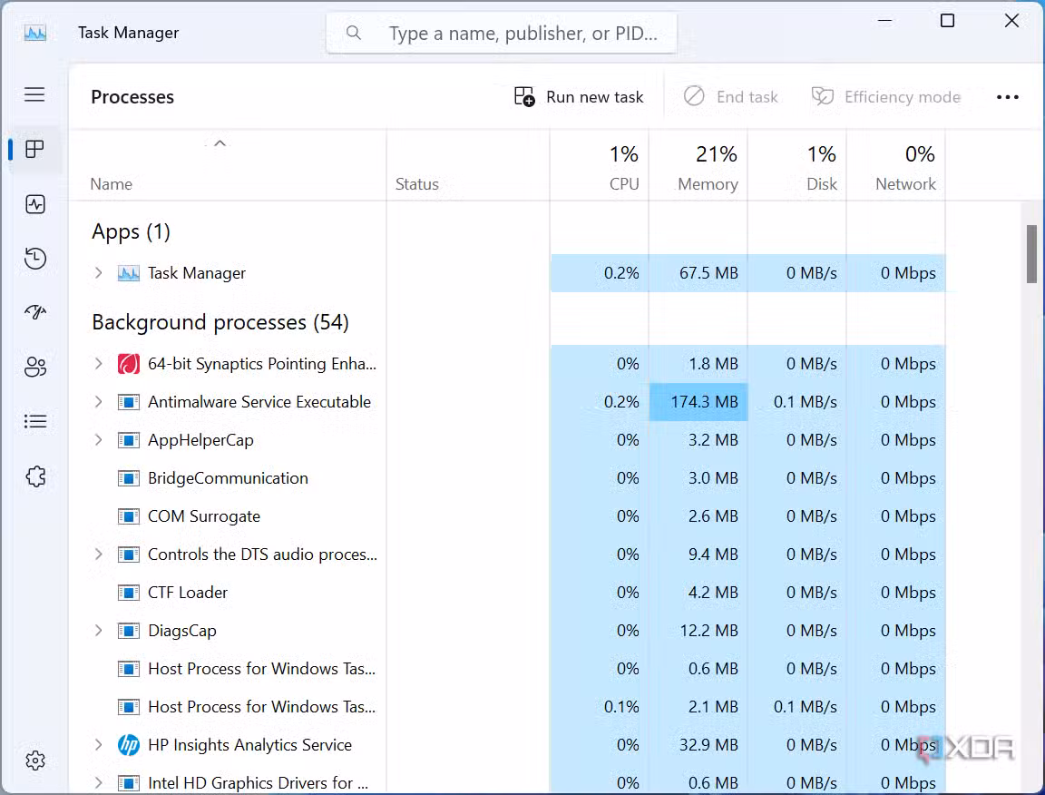 Screenshot of the processes list in Task Manager in Tiny11