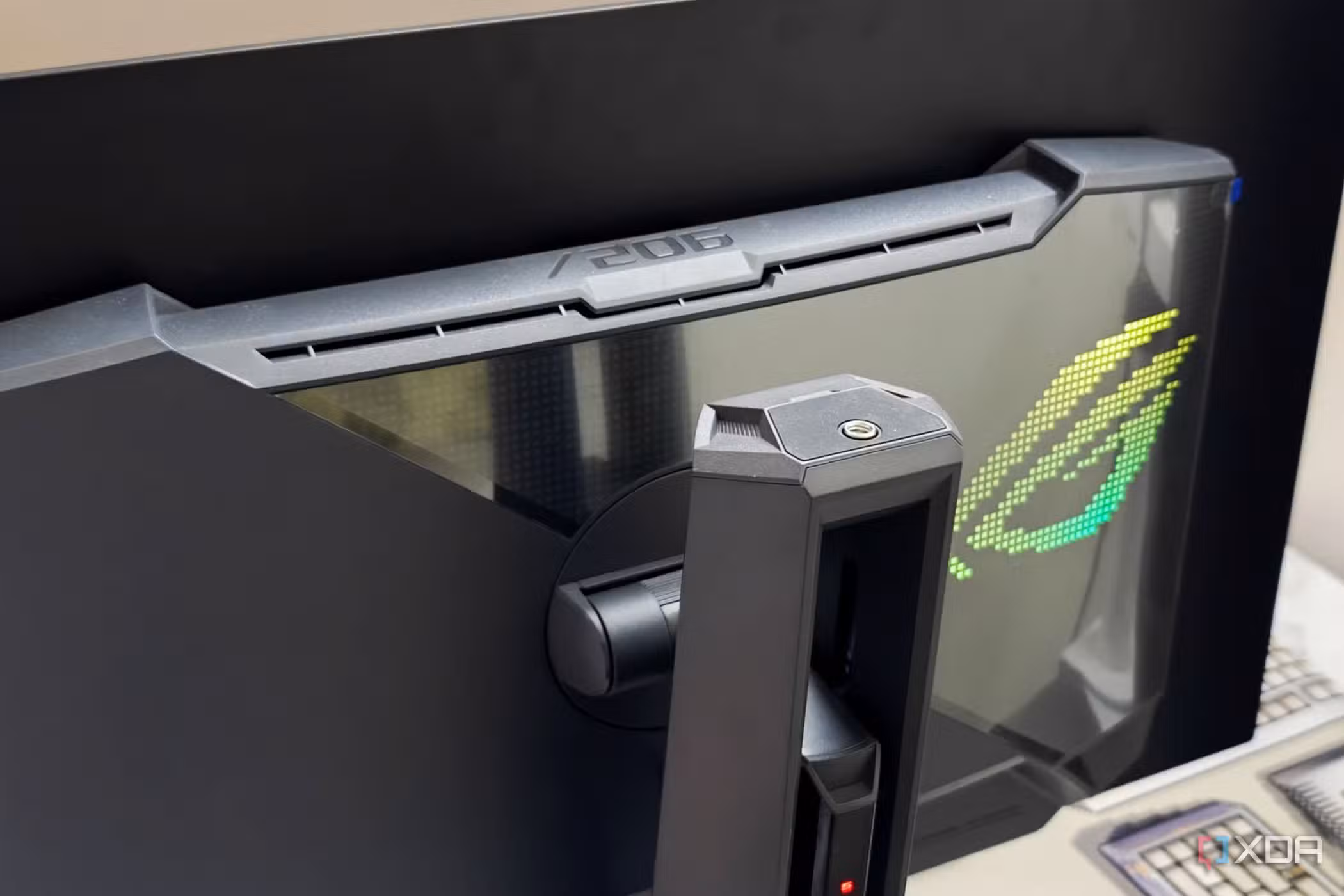 An image showing the AniMatrxi lighting at the back of the Asus ROG PG27AQDM monitor.